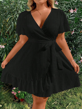 Vestido Plus Size Casual, Bainha com Babado e Manga Esvoaçant
